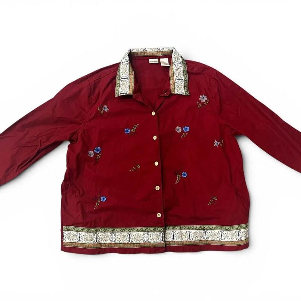 Vintage Bobbie Brooks Embroidered Floral Border Blouse Red Plus Size 26W 28W